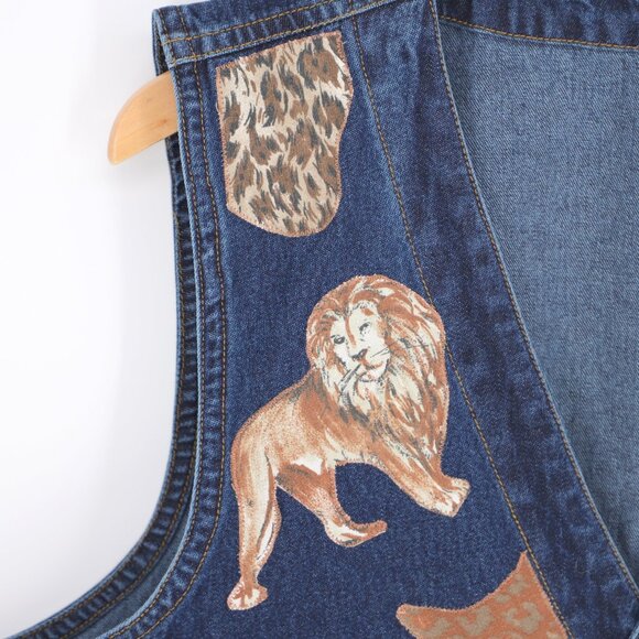 Upcycled Reworked Denim Vest Jacket Animal Safari Print Size XL - Picture 5 of 9